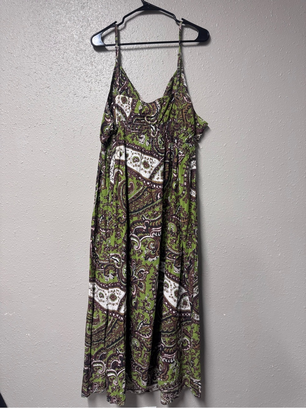 She's Cool Olive Green Paisley Maxi Dress with Spaghetti Straps